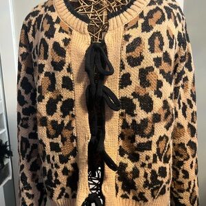 SHEIN Beige & Black Leopard Tie-Front Cardigan